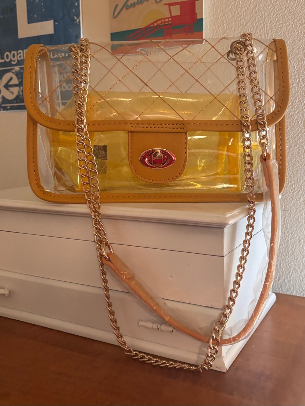 Clear Crossbody/Shoulder Bag w/ Yellow Trim & Pouch - Stadium / TSA Friendly